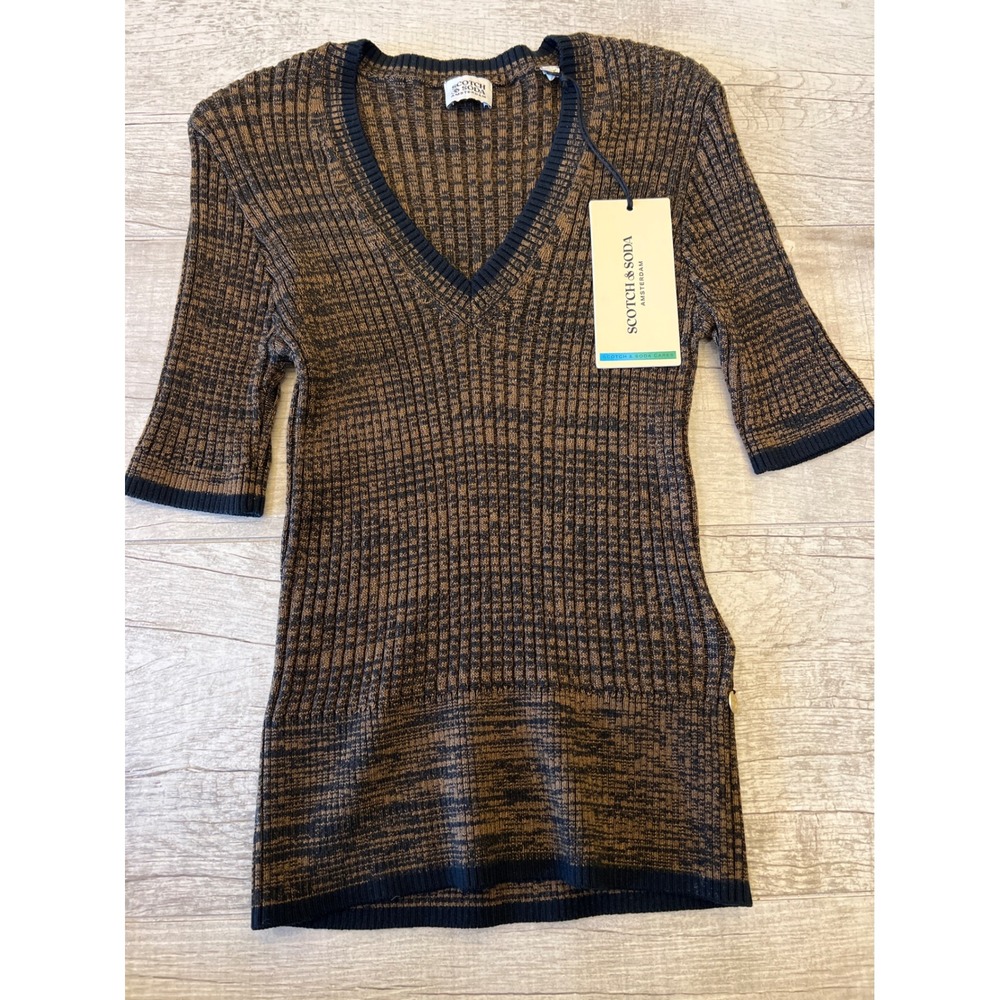 Scotch Soda Women'sโ Brown Black Ribbed V Neck Slim Fit Knit Top Shirt Size S
